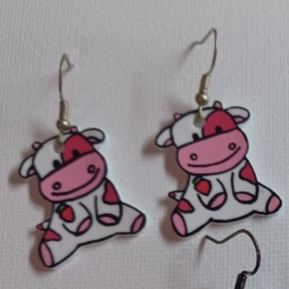 4/$60 New Strawberry Cow Pair of Earrings - Hand-Made